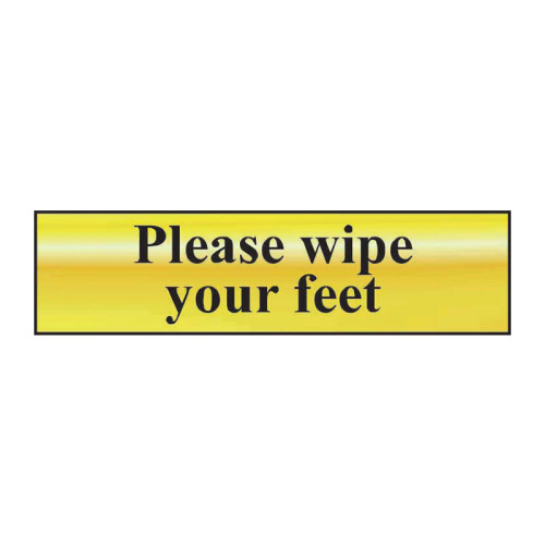 Please Wipe Your Feet' Sign, Polished Gold Effect, Self-Adhesive PP (200mm x 50mm)