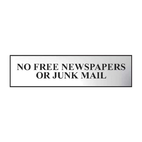 No Free Newspapers Or Junk Mail' Sign, Chrome Effect, Self-Adhesive PP (200mm x 50mm)