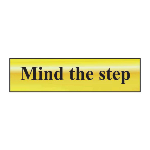 Mind The Step' Sign, Polished Gold Effect, Self-Adhesive PP (200mm x 50mm)