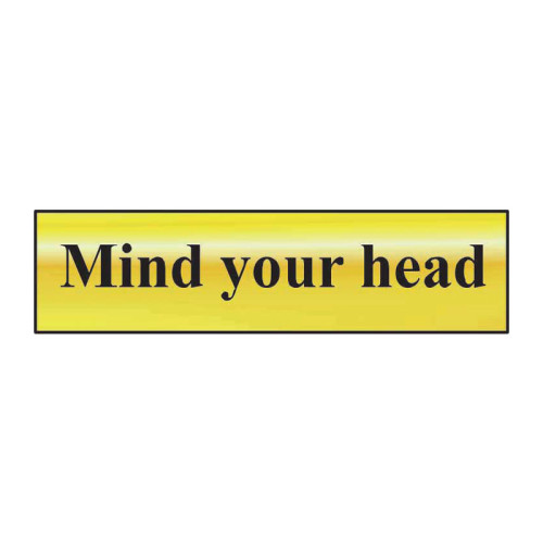 Mind Your Head' Sign, Polished Gold Effect, Self-Adhesive PP (200mm x 50mm)