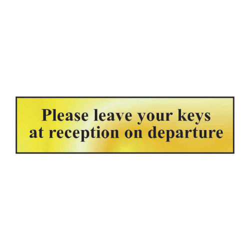 Please Leave Your Keys At Reception On Departure' Sign, Polished Gold Effect, Self-Adhesive PP (200mm x 50mm)