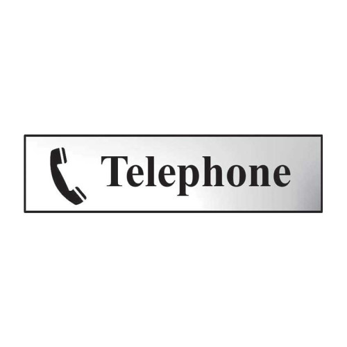 Telephone' Sign, Chrome Effect, Self-Adhesive PP (200mm x 50mm)