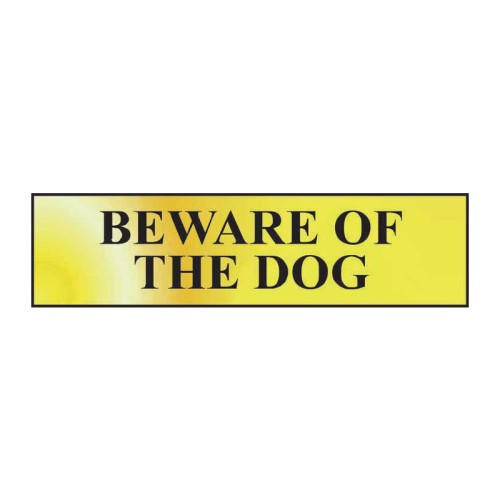 Beware Of The Dog' Sign, Polished Gold Effect, Self-Adhesive PP (200mm x 50mm)