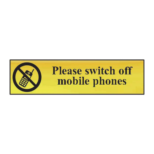 Please Switch Off Mobile Phones' Sign, Polished Gold Effect, Self-Adhesive PP (200mm x 50mm)