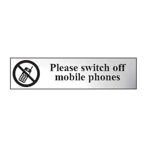 Please Switch Off Mobile Phones' Sign, Chrome Effect, Self-Adhesive PP (200mm x 50mm)