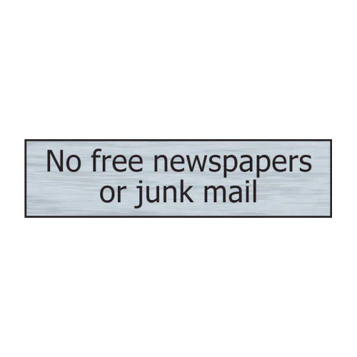 No Free Newspapers Or Junk Mail' Sign, Stainless Steel Effect, Self-Adhesive PP (200mm x 50mm)
