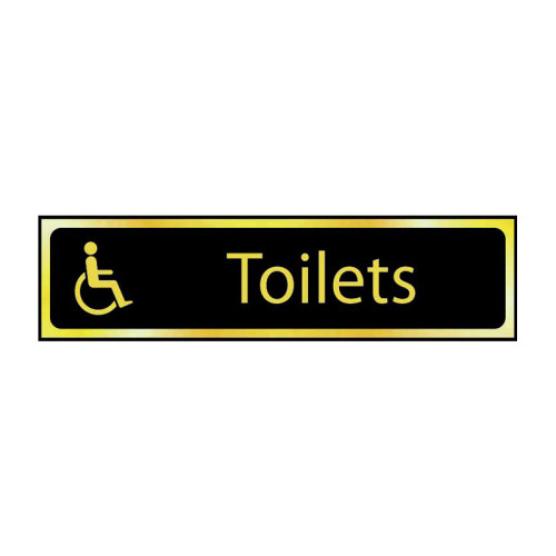 Toilets (Disabled Logo)' Sign, Black And Polished Gold Effect, Self-Adhesive PP (200mm x 50mm)