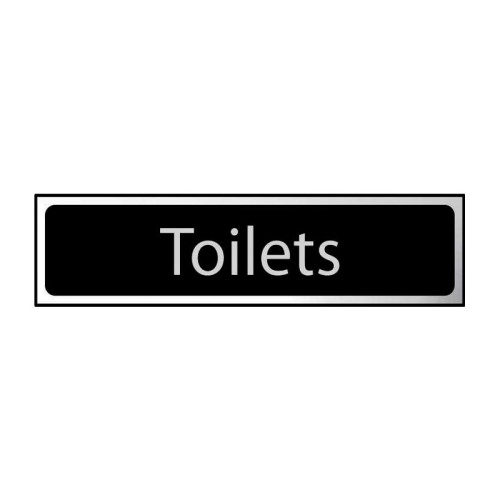 Toilets' Sign, Black And Polished Chrome Effect, Self-Adhesive PP (200mm x 50mm)