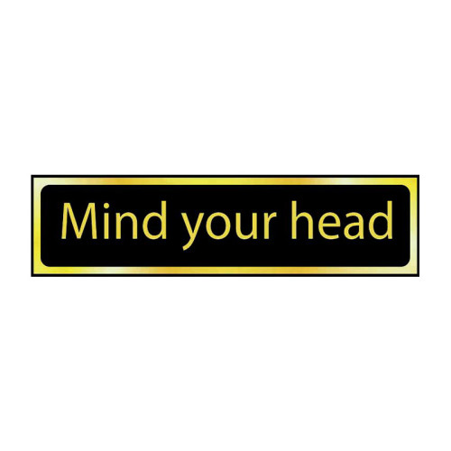 Mind Your Head' Sign, Black And Polished Gold Effect, Self-Adhesive PP (200mm x 50mm)
