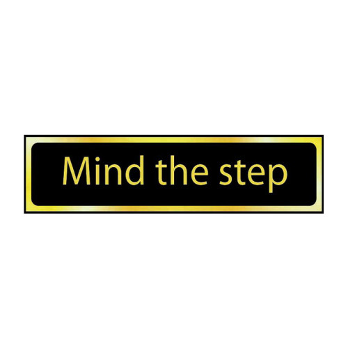 Mind The Step' Sign, Black And Polished Gold Effect, Self-Adhesive PP (200mm x 50mm)