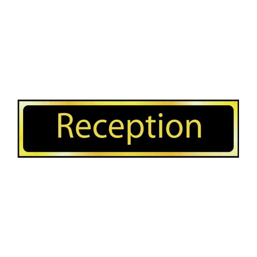 Reception' Sign, Black And Polished Gold Effect, Self-Adhesive PP (200mm x 50mm)