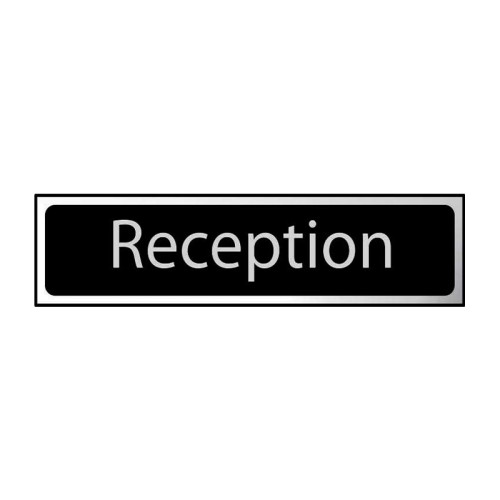 Reception' Sign, Black And Polished Chrome Effect, Self-Adhesive PP (200mm x 50mm)