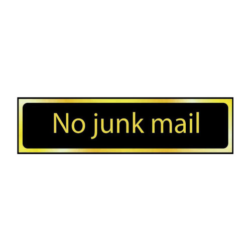 No Junk Mail' Sign, Black And Polished Gold Effect, Self-Adhesive PP (200mm x 50mm)