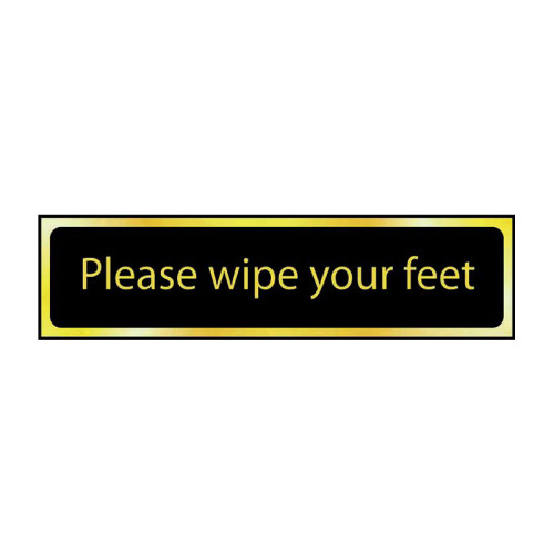 Please Wipe Your Feet' Sign, Black And Polished Gold Effect, Self-Adhesive PP (200mm x 50mm)