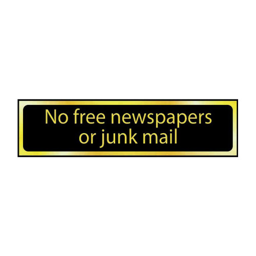 No Free Newspapers Or Junk Mail' Sign, Black And Polished Gold Effect, Self-Adhesive PP (200mm x 50mm)