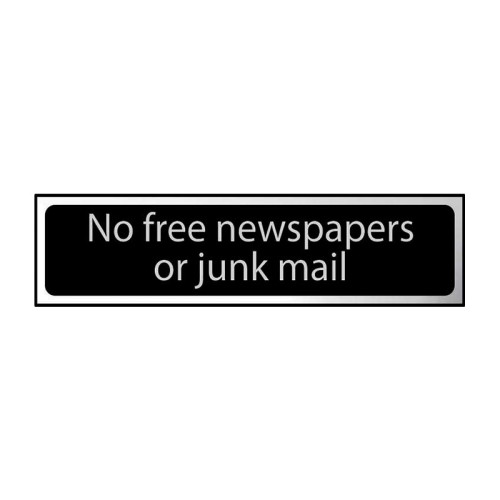 No Free Newspapers Or Junk Mail' Sign, Black And Polished Chrome Effect, Self-Adhesive PP (200mm x 50mm)