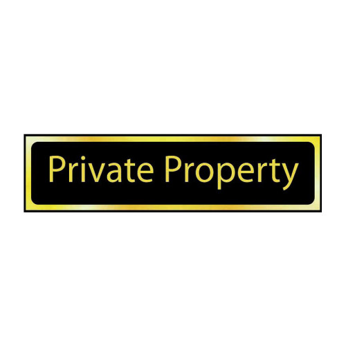 Private Property' Sign, Black And Polished Gold Effect, Self-Adhesive PP (200mm x 50mm)