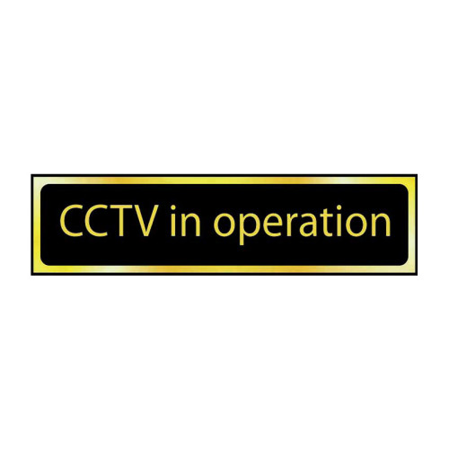 CCTV In Operation' Sign, Black And Polished Gold Effect, Self-Adhesive PP (200mm x 50mm)