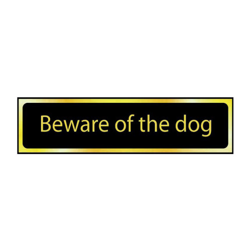 Beware Of The Dog' Sign, Black And Polished Gold Effect, Self-Adhesive PP (200mm x 50mm)
