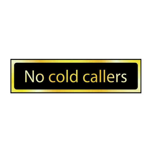 No Cold Callers' Sign, Black And Polished Gold Effect, Self-Adhesive PP (200mm x 50mm)