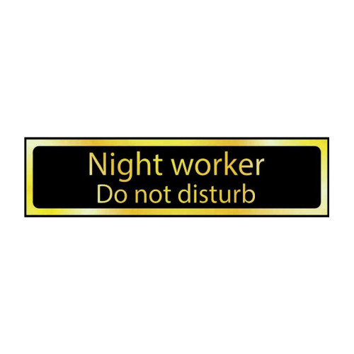 Night Worker Do Not Disturb' Sign, Black And Polished Gold Effect, Self-Adhesive PP (200mm x 50mm)