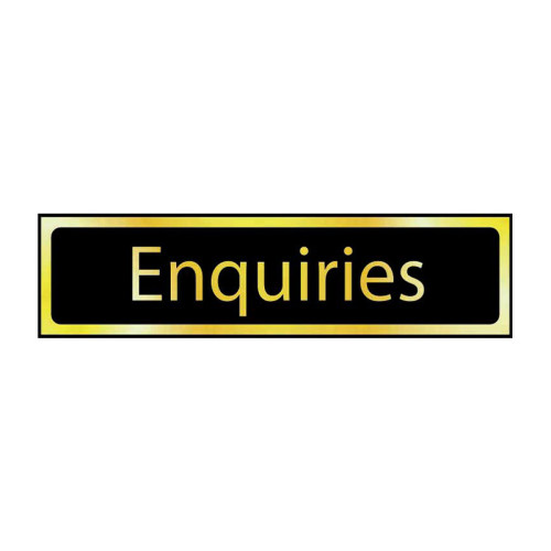 Enquiries' Sign, Black And Polished Gold Effect, Self-Adhesive PP (200mm x 50mm)