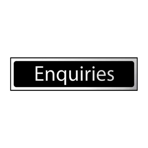 Enquiries' Sign, Black And Polished Chrome Effect, Self-Adhesive PP (200mm x 50mm)