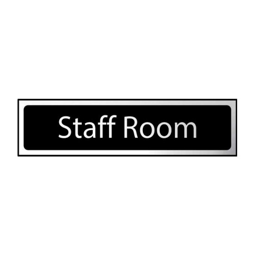 Staff Room' Sign, Black And Polished Chrome Effect, Self-Adhesive PP (200mm x 50mm)