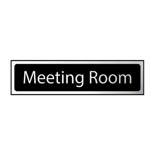 Meeting Room' Sign, Black And Polished Chrome Effect, Self-Adhesive PP (200mm x 50mm)