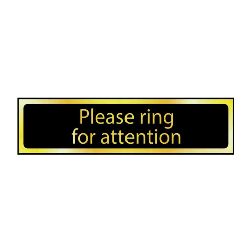 Please Ring Bell For Attention' Sign, Black And Polished Gold Effect, Self-Adhesive PP (200mm x 50mm)