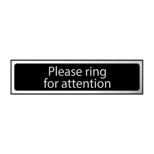 Please Ring For Attention' Sign, Black And Polished Chrome Effect, Self-Adhesive PP (200mm x 50mm)