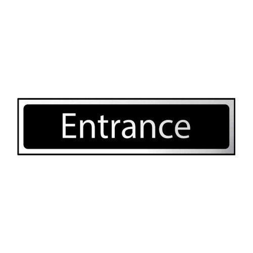 Entrance' Sign, Black and Polished Chrome Effect, Self-Adhesive PP (200mm x 50mm)
