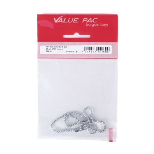 12" No. 6 CP Sink/Basin Ball Chain with Hooks