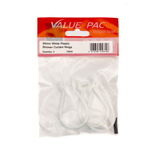 40mm White Plastic Shower Curtain Rings (Pack of 3)