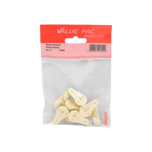 30mm Plastic Hard Wall Picture Hooks (Pack of 5)