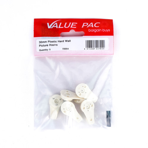 30mm Plastic Hard Wall Picture Hooks (Pack of 5)