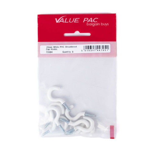 25mm White PVC Shouldered Cup Hooks (Pack of 8)
