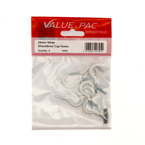 25mm White PVC Shouldered Cup Hooks (Pack of 8)