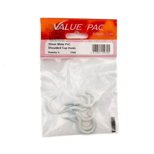 32mm White PVC Shouldered Cup Hooks (Pack of 6)