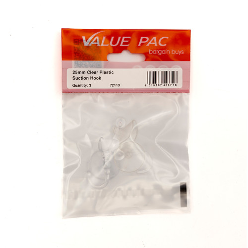 25mm Clear Plastic Suction Hook (Pack of 3)