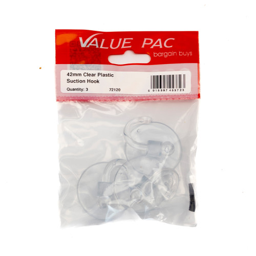 42mm Clear Plastic Suction Hook 3pk