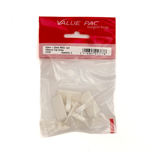 30mm x 20mm White Self Adhesive Cup Hooks (Pack of 4)