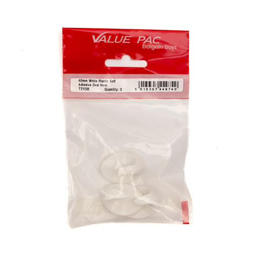 40mm White Plastic Self Adhesive Oval Hook (Pack of 3)