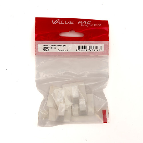 30mm x 30mm Plastic Self Adhesive Hooks (Pack of 4)