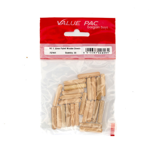 M6 x 30mm Fluted Wooden Dowels (Pack of 20)