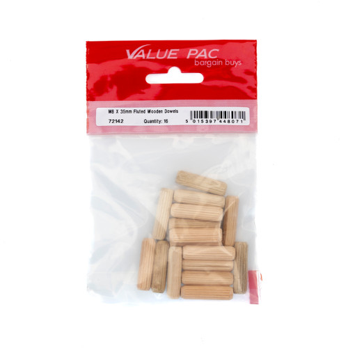 M8 x 35mm Fluted Wooden Dowels (Pack of 16)