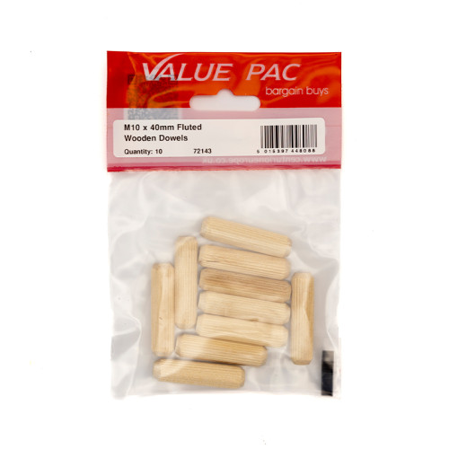 M10 x 40mm Fluted Wooden Dowels (Pack of 10)