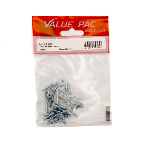 3/4" x 6 ZP Cross Recessed Hardened Twin Thread Woodscrews with Countersunk Head (Pack of 45)