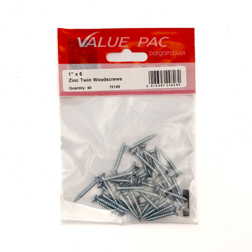 1" x 6 ZP Cross Recessed Hardened Twin Thread Woodscrews with Countersunk Head (Pack of 40)