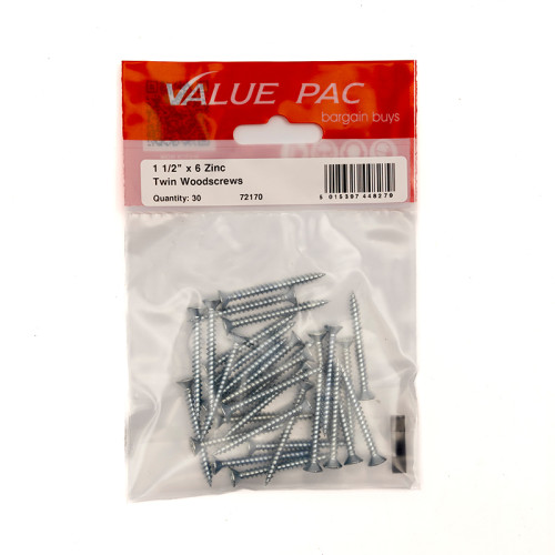 1 1/2" x 6 ZP Cross Recessed Hardened Twin Thread Woodscrews with Countersunk Head (Pack of 30)